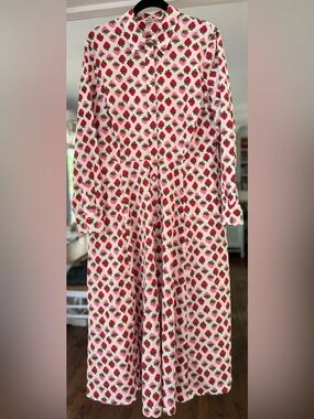 Boden Amy Strawberry Pop Midi Shirtdress Cotton White Red Long Sleeve